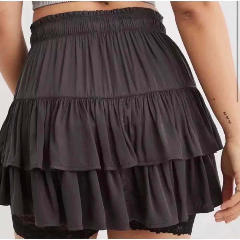Aerie Womens Charcoal Grey Tiered Ruffle‎ Mini Skirt Silky Viscose Smocked XS